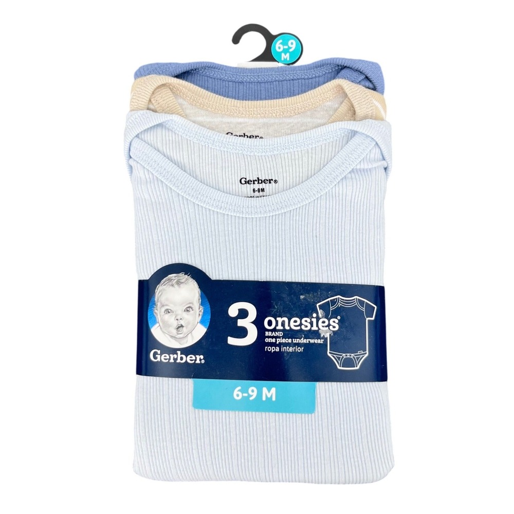Gerber Onesies Bodysuits Baby Boy 6-9M Blue Tan Ribbed Cotton Short Sleeve 3pk